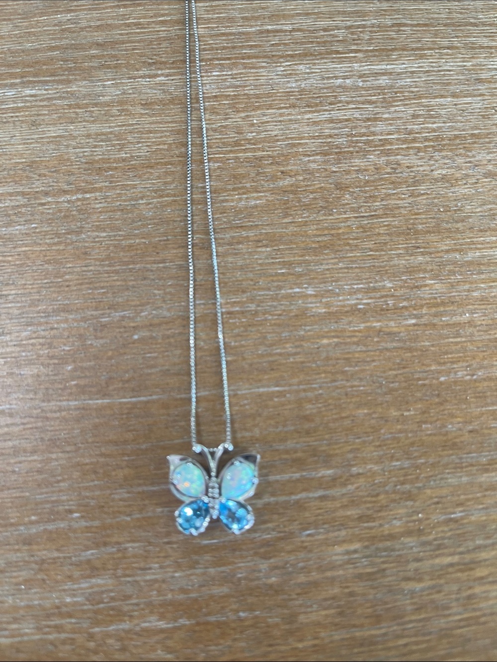 Swarovski Silver Butterfly Necklace with Opalescent and Blue Crystals